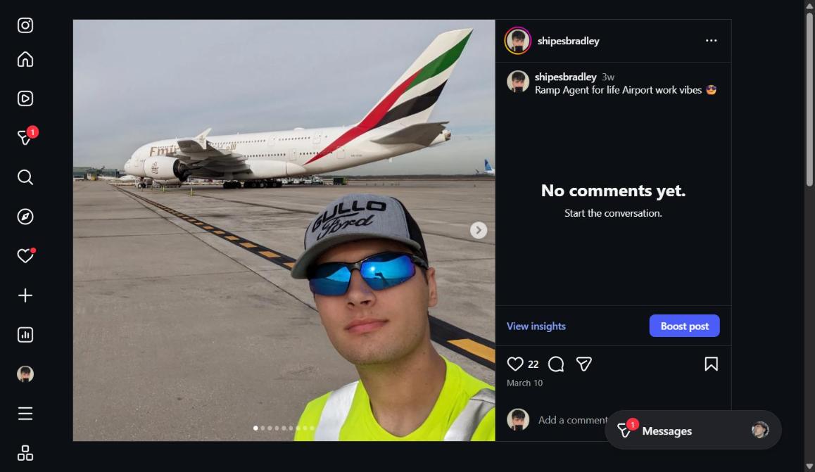 Bradley Shipes ramp agent selfie with Emirates A380 in background