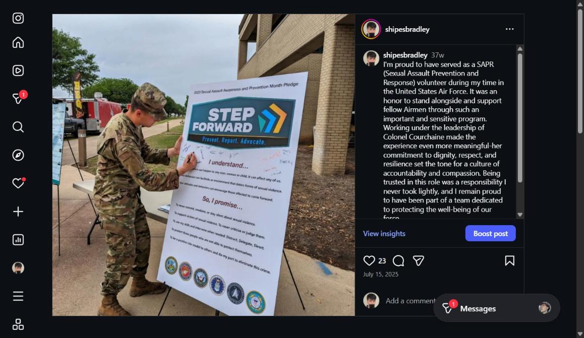 Bradley Shipes signing the SAPR Step Forward pledge at his Air Force base