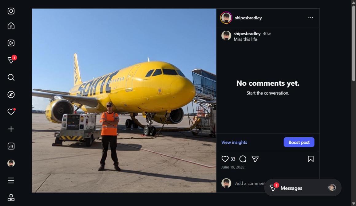 Bradley Shipes standing in front of a Spirit Airlines aircraft on the tarmac