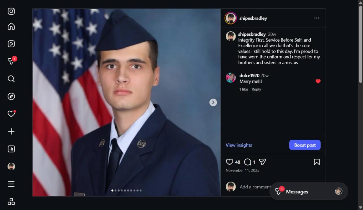 Bradley Shipes in United States Air Force dress uniform with American flag